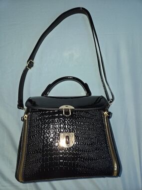 Black Croc-Embossed Structured Satchel Bag with Gold Hardware